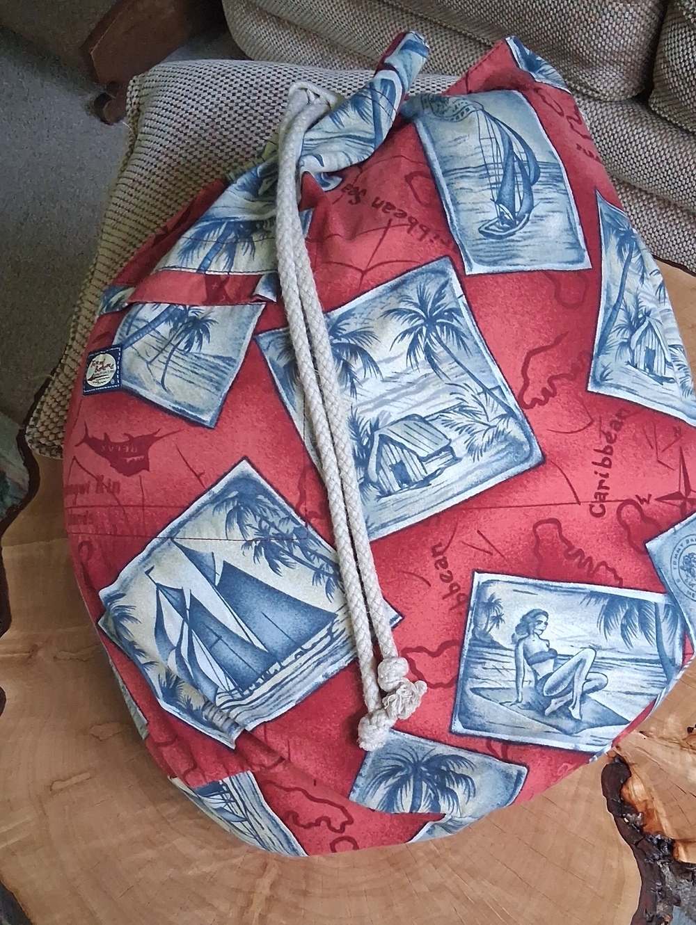 Vintage Tommy Bahama Red and Blue Nautical Postcard Rope Duffel
